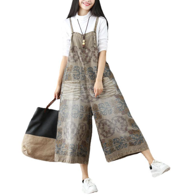 Printed drawstring distressed white jeans casual women oversized suspender pants