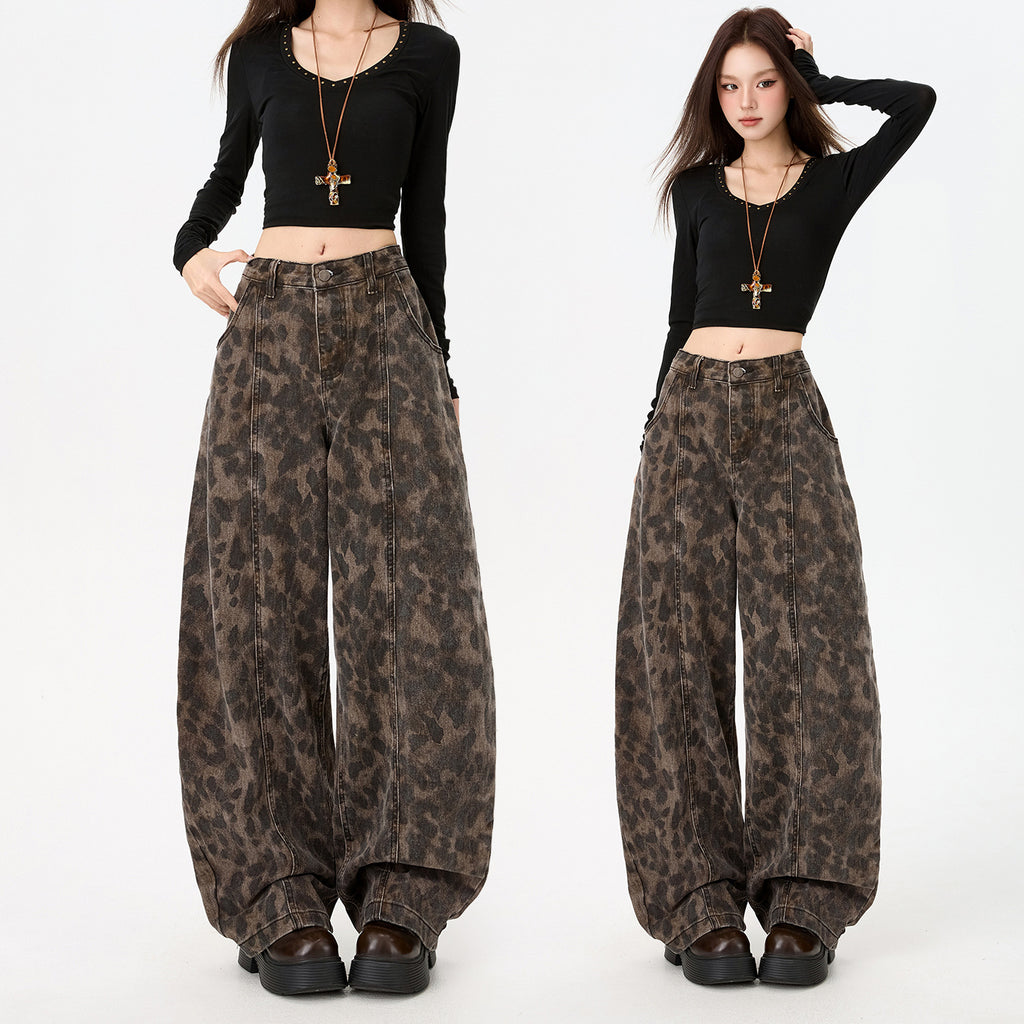 Leopard Print Knife Cut Jeans Women Pants