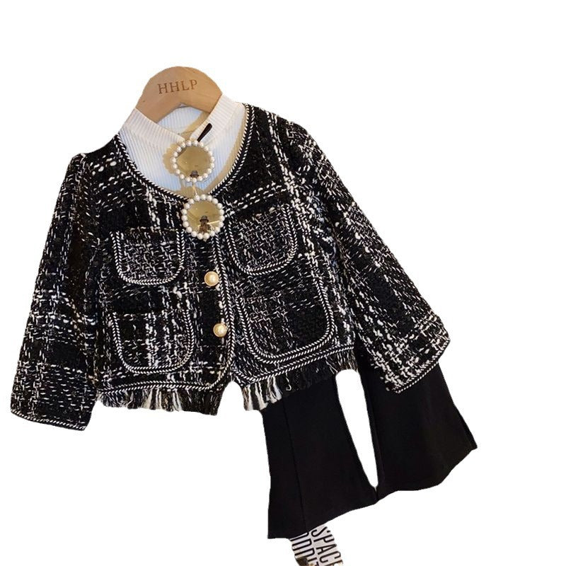 Chic Knit Blazer and Flared Pants Set for Girls, Spring Fashion Outfit, Two-Piece Suit