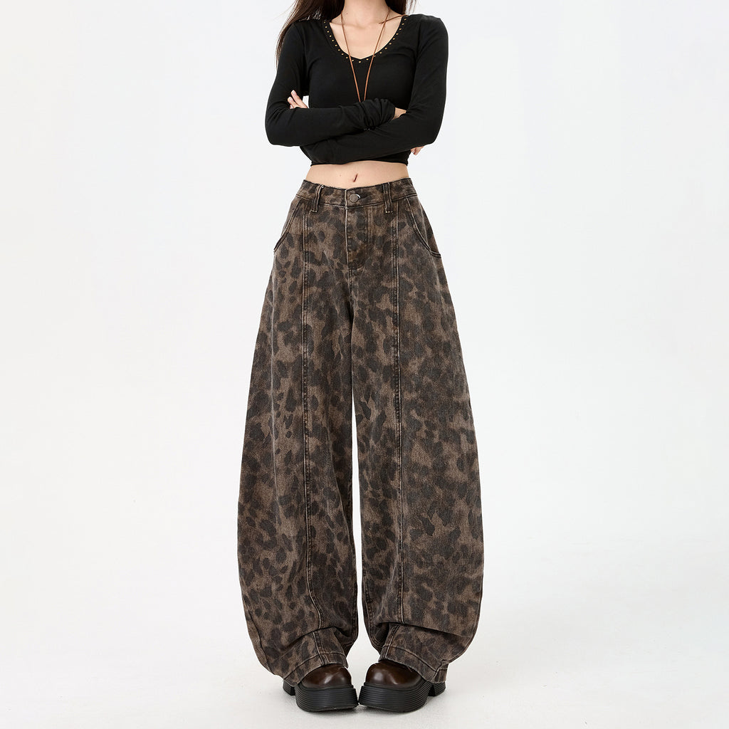 Leopard Print Knife Cut Jeans Women Pants