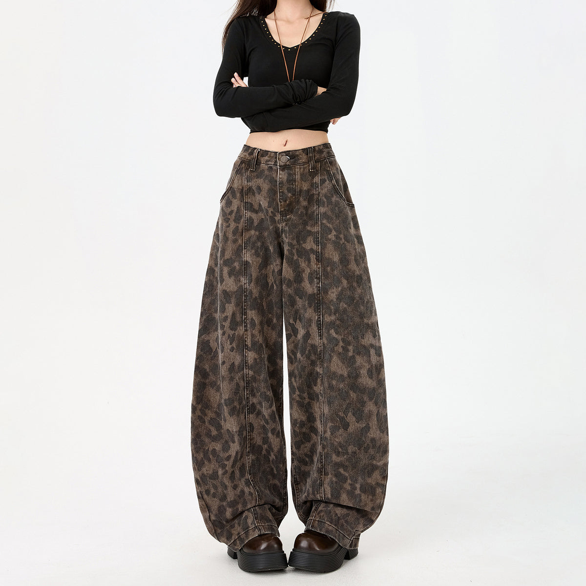 Leopard Print Knife Cut Jeans Women Pants
