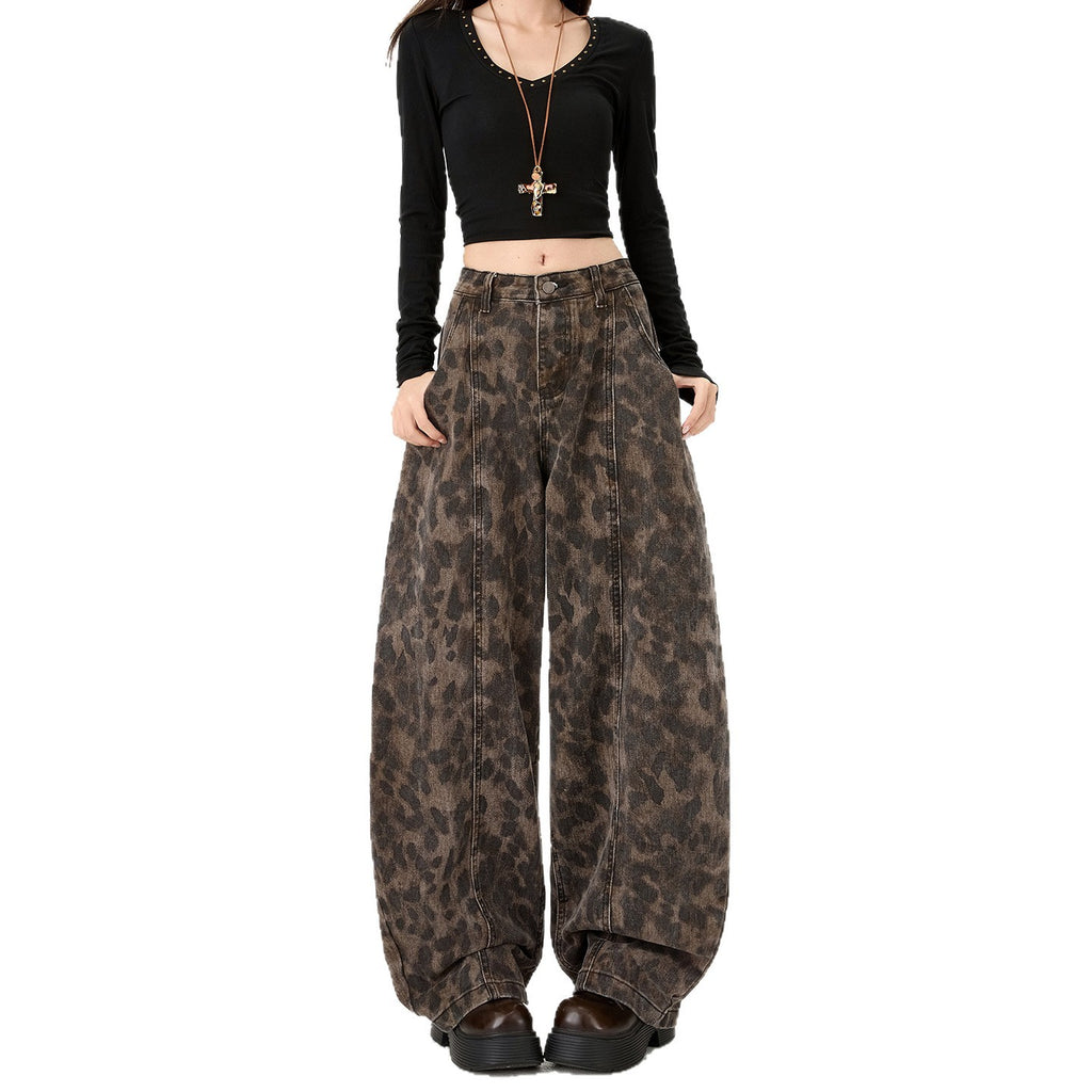Leopard Print Knife Cut Jeans Women Pants