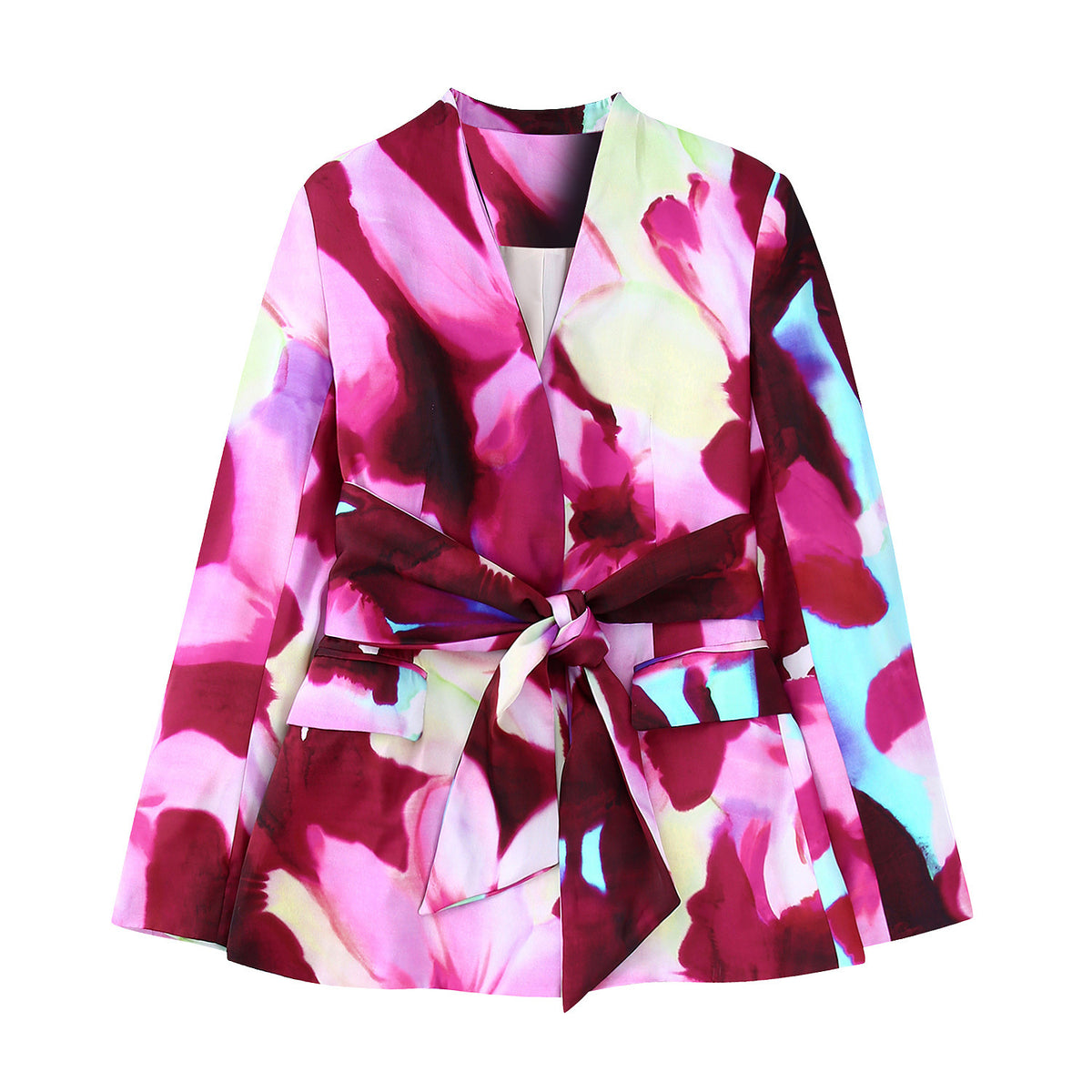 Ladies Blazer Pants Suit OL Silk-satin Blazer+Printed Straight Long Pants Basic Causal Outfits