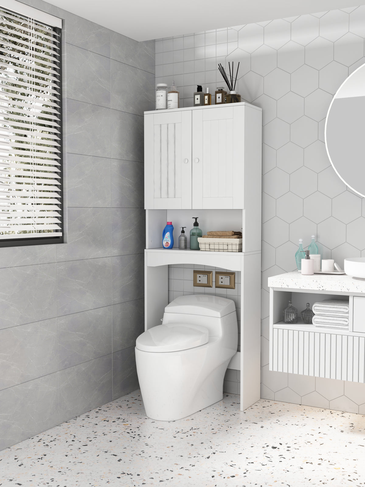 Home Bathroom Shelf Over-The-Toilet, Bathroom SpaceSaver, Bathroom Storage Cabinet Organizer,White