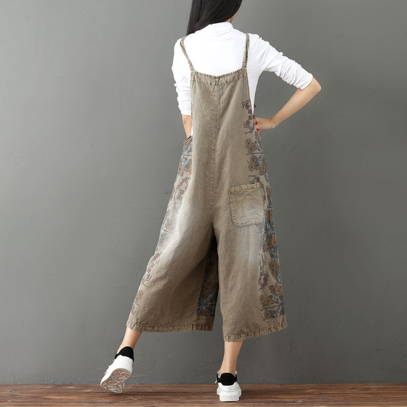 Printed drawstring distressed white jeans casual women oversized suspender pants