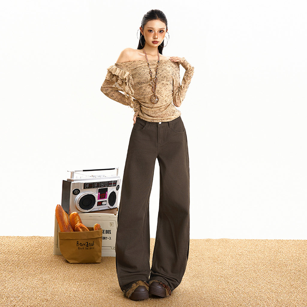 Brown Knife-Edge Jeans Women Vintage Pants