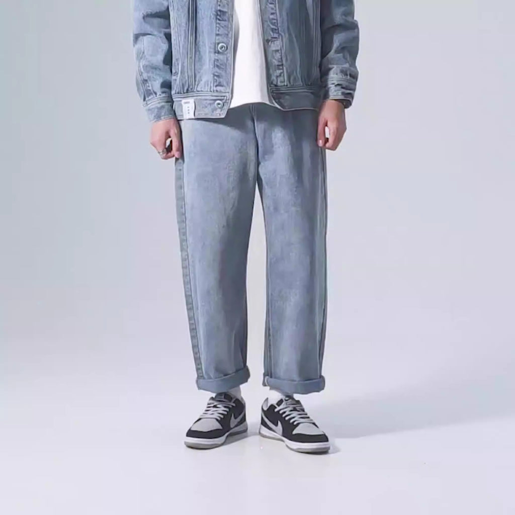 Simple solid color jeans for men washed loose straight long pants