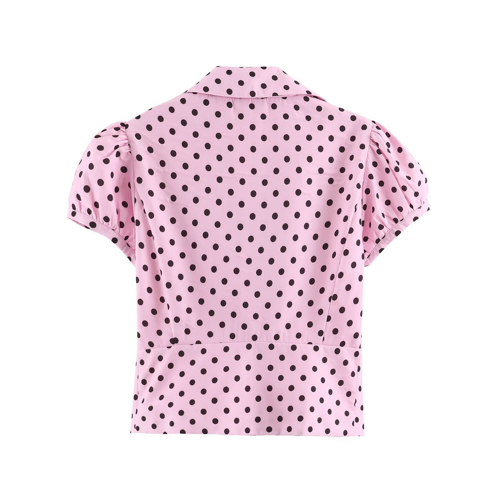 Chemisier femme rose à pois – Manches 3/4 et col revers