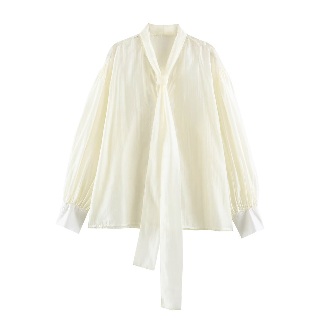 Chemisier femme satiné à nœud – Manches longues, coupe ample