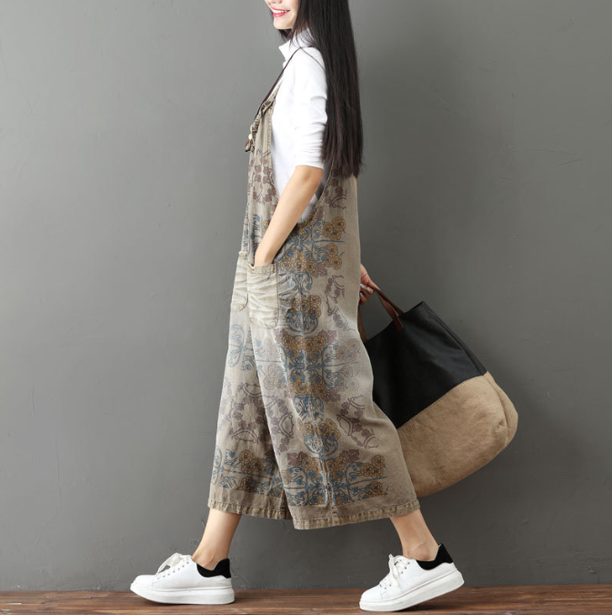 Printed drawstring distressed white jeans casual women oversized suspender pants