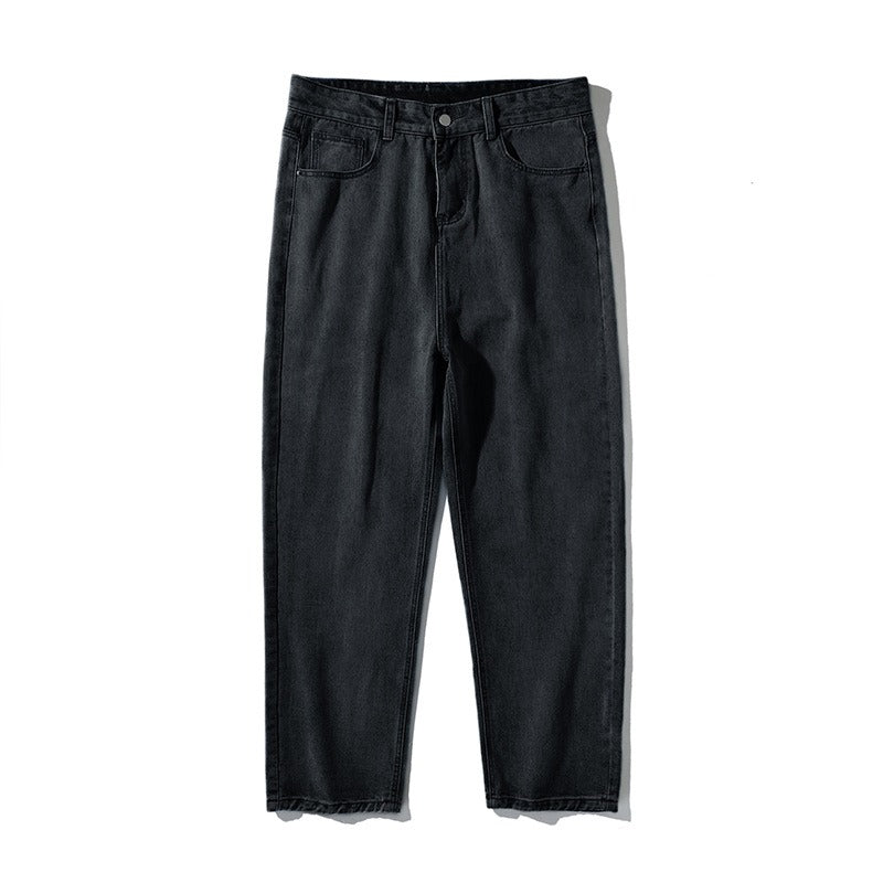 Simple solid color jeans for men washed loose straight long pants