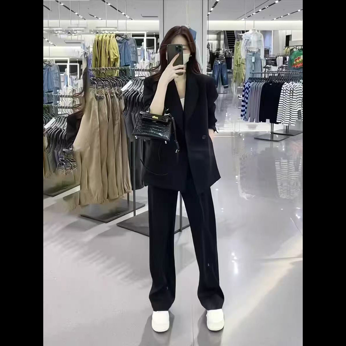 Elegant Style Two-Piece Set Long Sleeve Blazer Coat Wide Leg Pants Casual Office Women's Suit Set