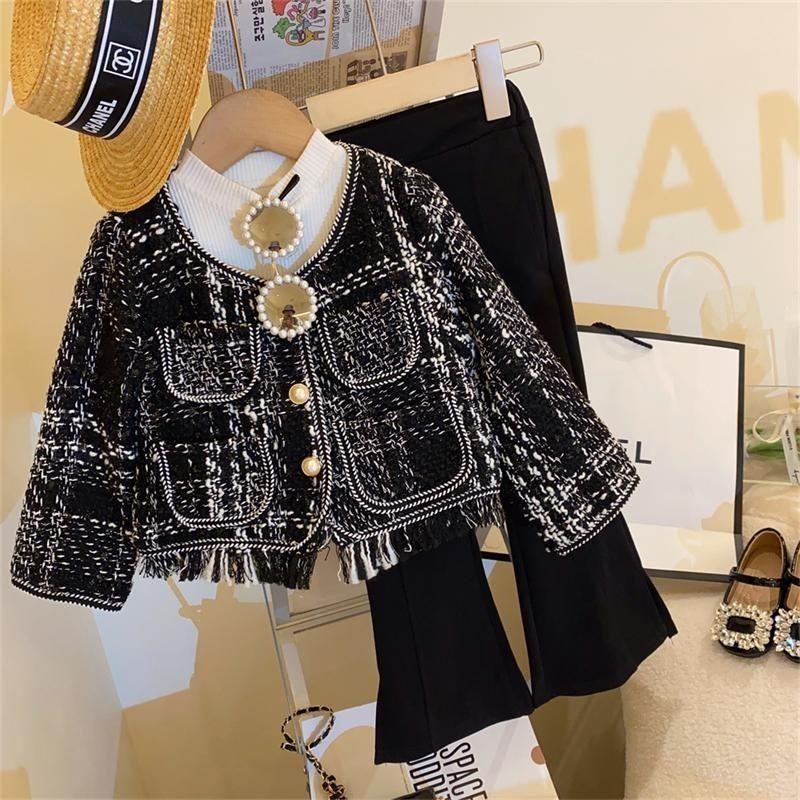 Chic Knit Blazer and Flared Pants Set for Girls, Spring Fashion Outfit, Two-Piece Suit