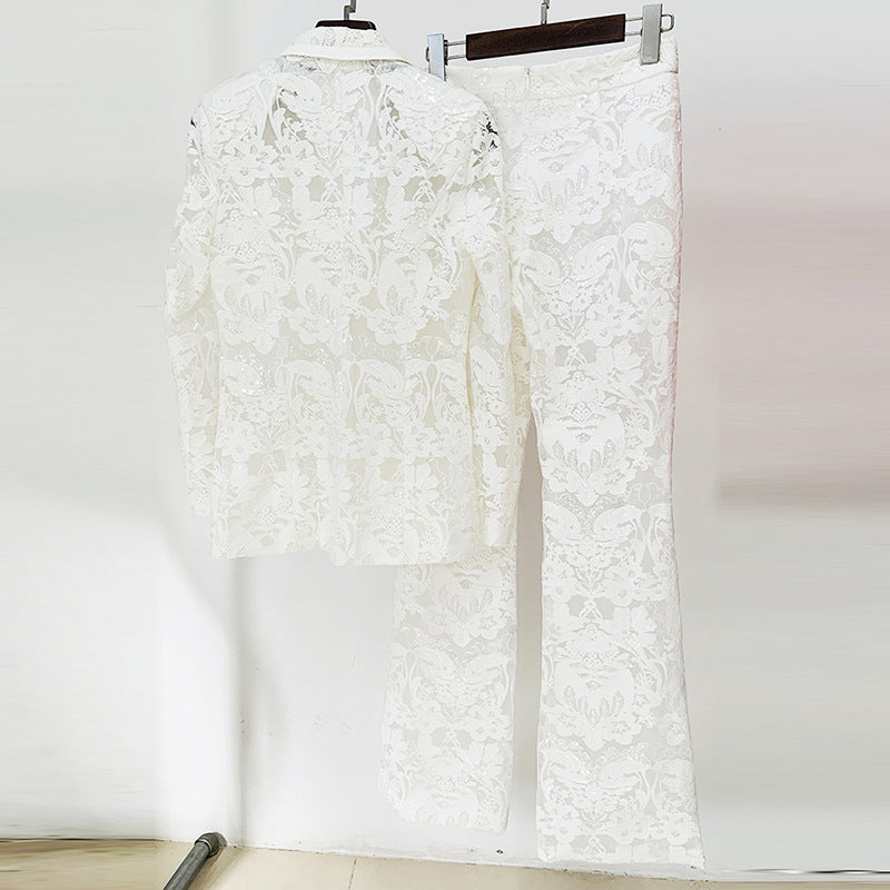 Mesh Embroidered Sequined Blazer and Long Pants Set Two-Piece Suit