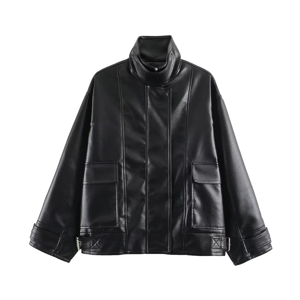 Veste femme effet cuir zippée à col montant – Noir