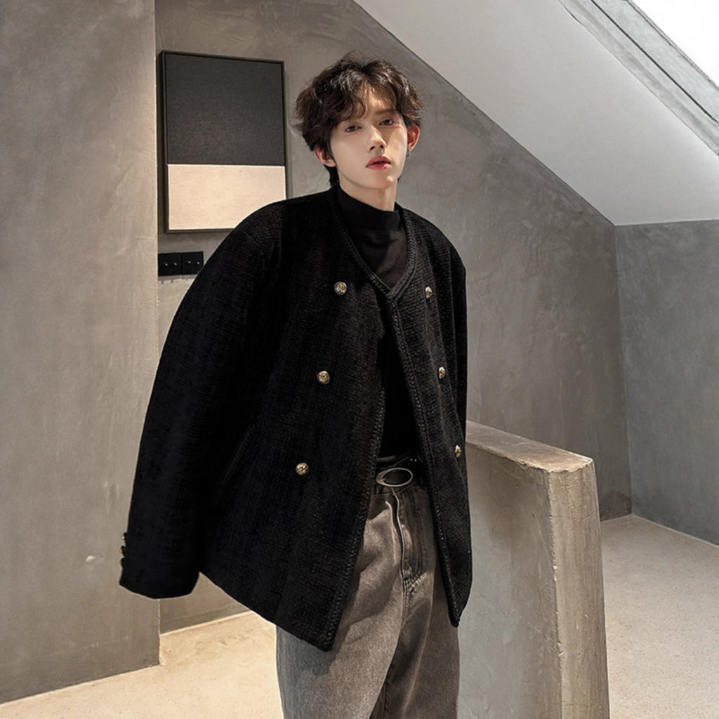 Chic Wool Blazer Men Double Breasted Casual Loose Jacket