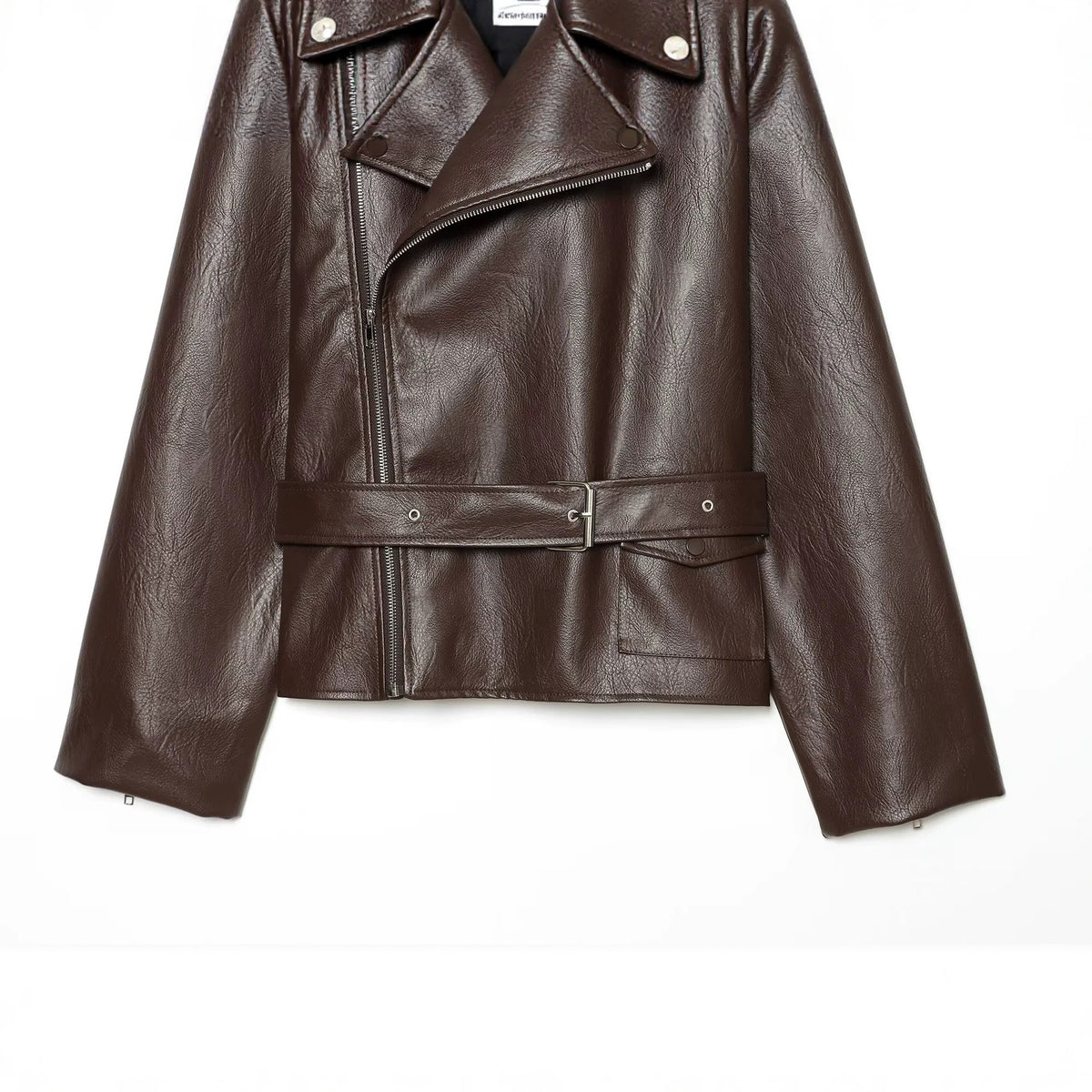 Veste femme en similicuir à col tailleur – Rouge foncé