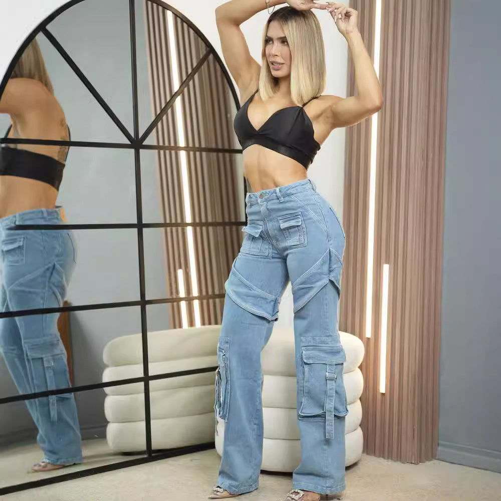 Denim jeans for women, street fashion multi-pocket casual cargo pants