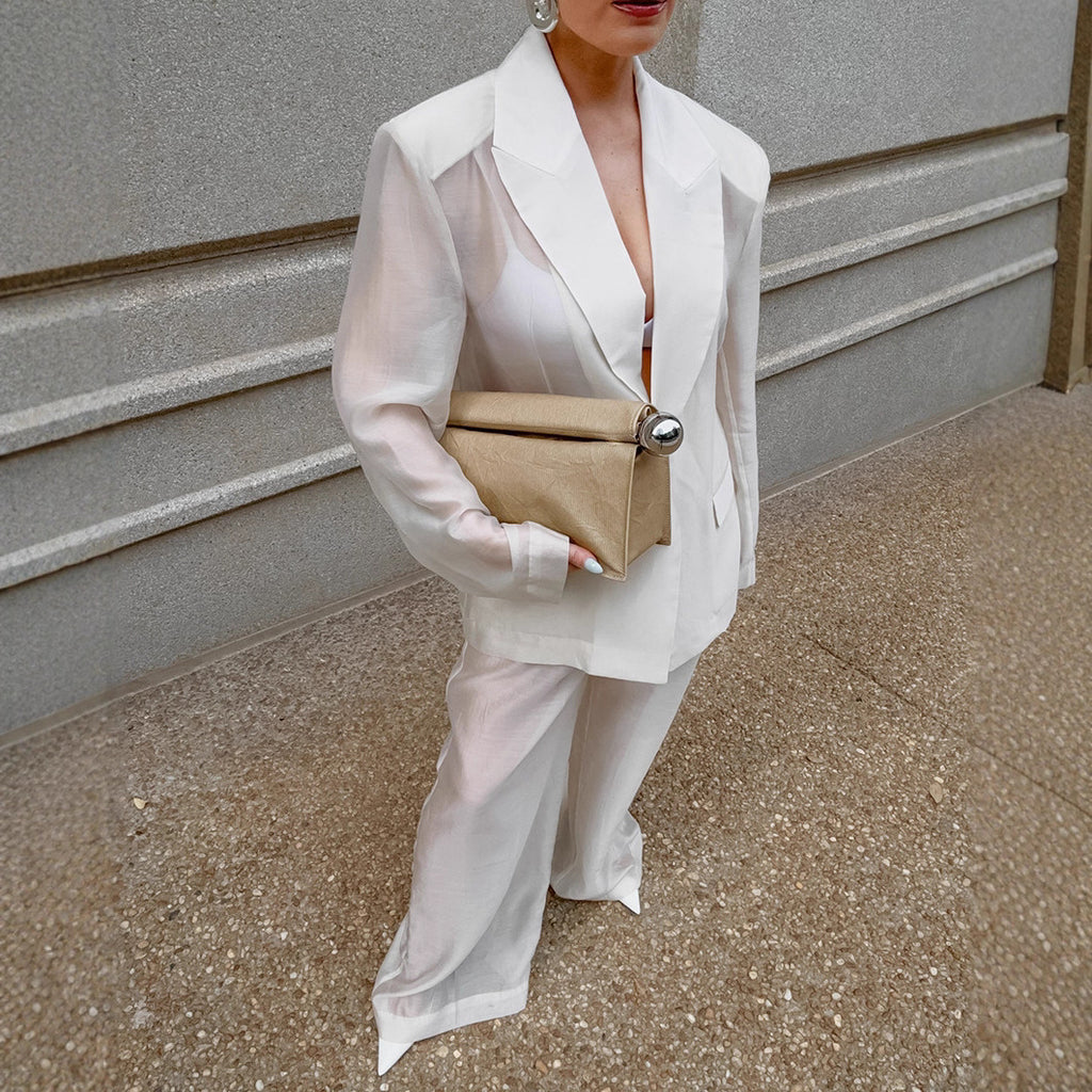 Women's Suit Set High-Grade  Rayon Thin Micro-Transparent Minimalist Temperament Blazer and Long Pants Two-Piece Set
