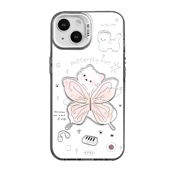 Coque iPhone transparente à motifs papillon et chat