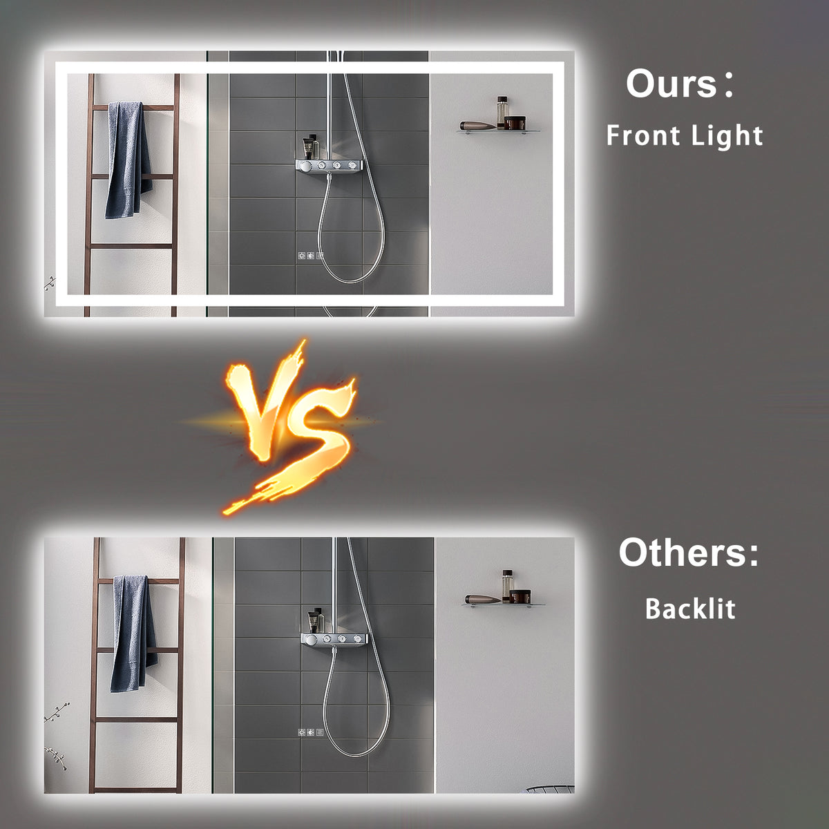 Grand miroir LED de salle de bain 72 × 36 pouces – Anti-buée et intensité réglable