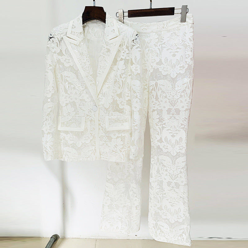 Mesh Embroidered Sequined Blazer and Long Pants Set Two-Piece Suit