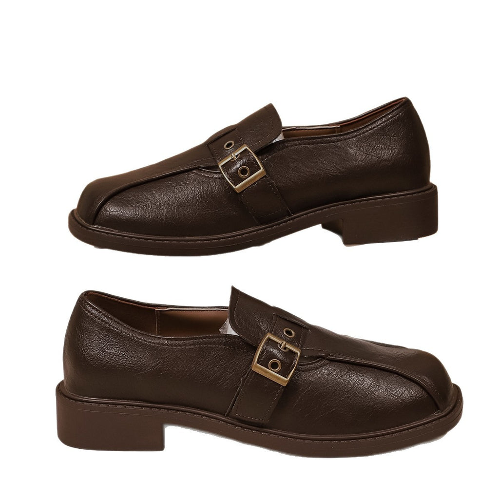 Low Heel Square Heel Loafers Women British Style Slip-On Round Toe Leather Shoes