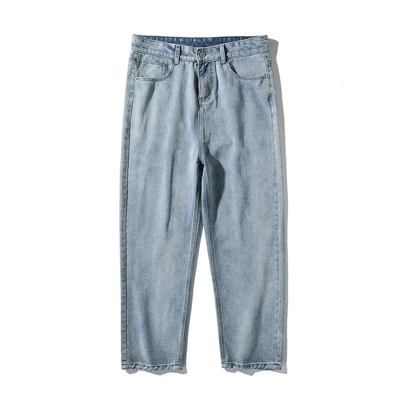 Simple solid color jeans for men washed loose straight long pants