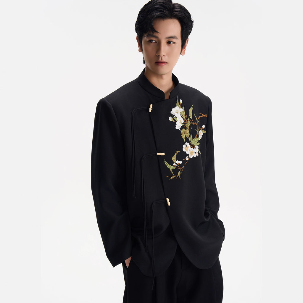 New Chinese Style Floral Embroidery DK Suit Jacket for Men Autumn/Winter Wedding AttireCasual Blazer