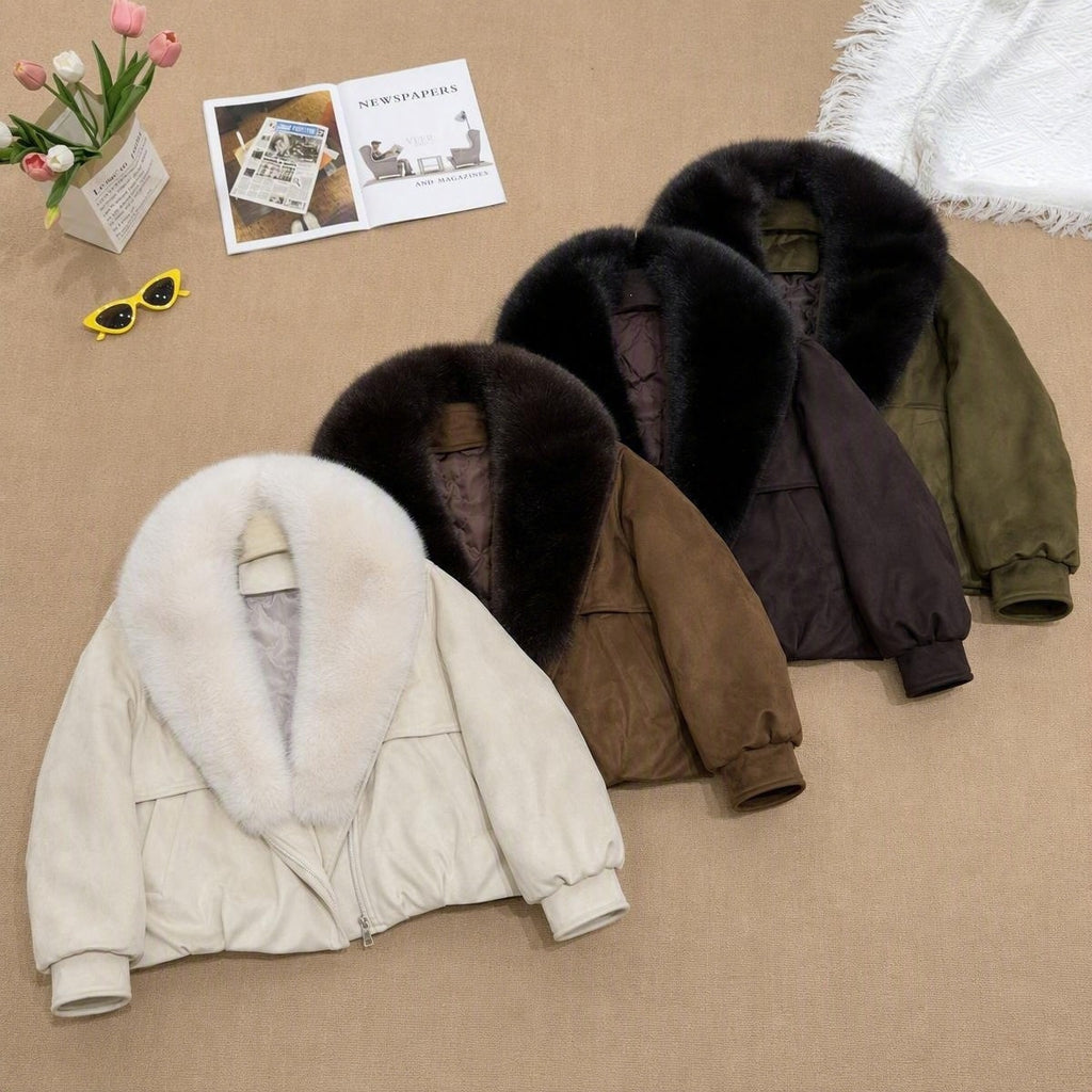 Parka courte femme à col en fausse fourrure – Chaude et matelassée
