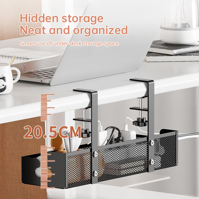 No-drill under-desk cord rack: metal mesh, high-load cable holder.