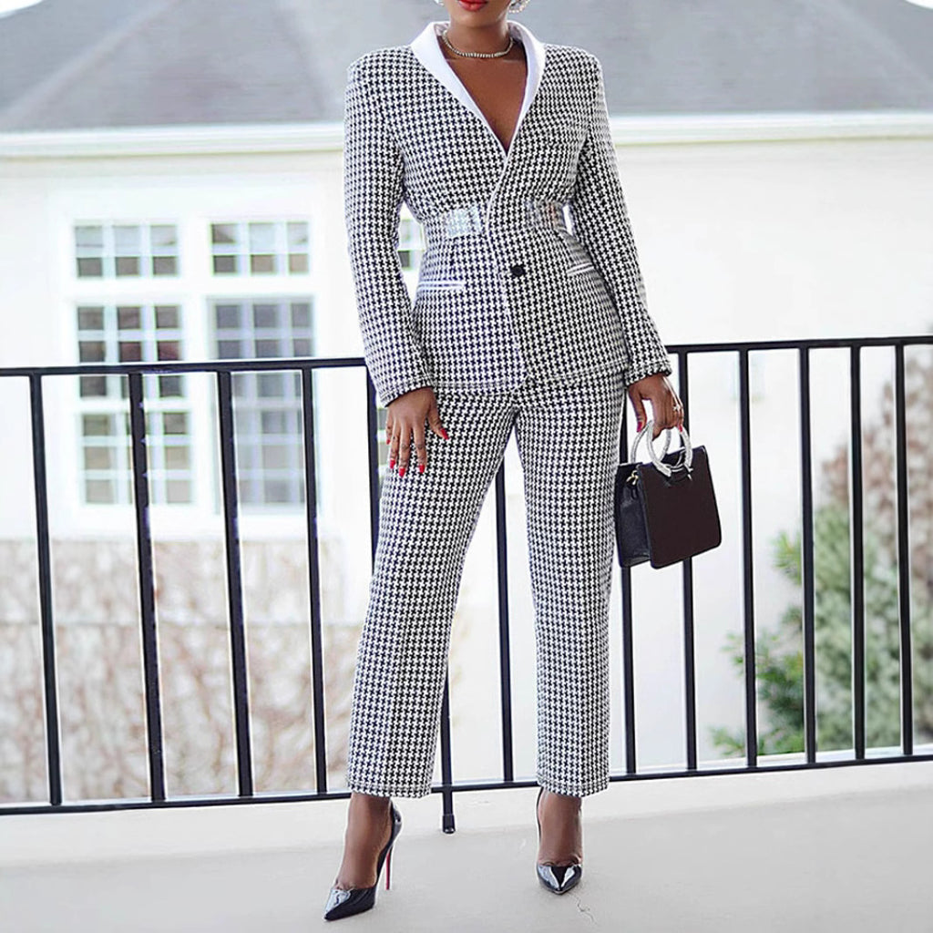 Chic Women's Plaid Office Suit Set Long Sleeve Blazer + Pants Two-Piece Set