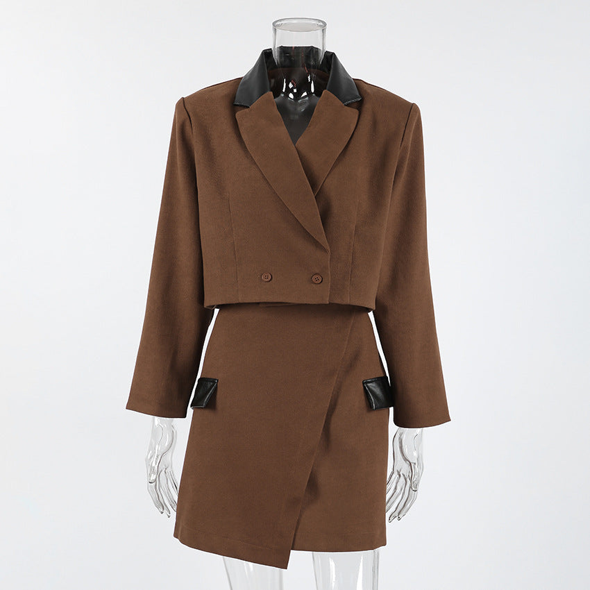 Vintage Brown Wool Suit Set for Women, Retro Blazer and Short Skirt Two-Piece Set, Elegant Style