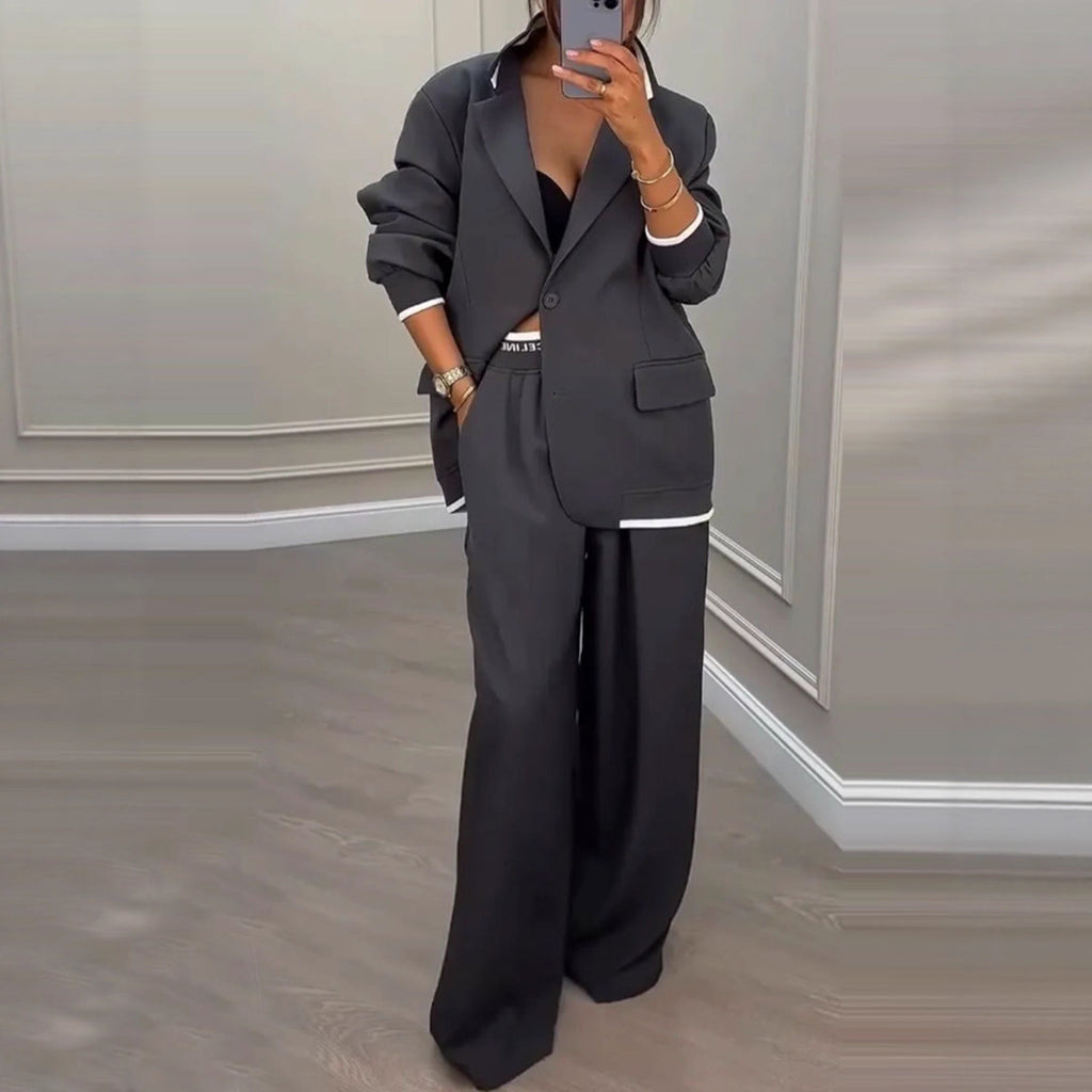 Autumn/Winter New Women's Fashion Long Sleeve Blazer Casual Wide Leg Pants Suit Set