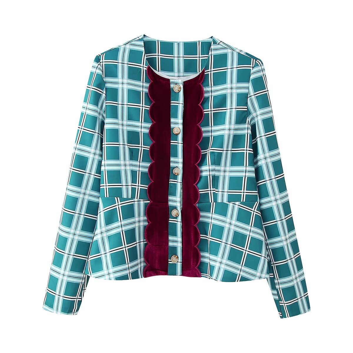 Women's Velvet Decorated Plaid Blazer + Long Pants Set