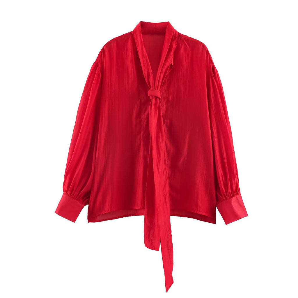 Chemisier femme satiné à nœud – Manches longues, coupe ample