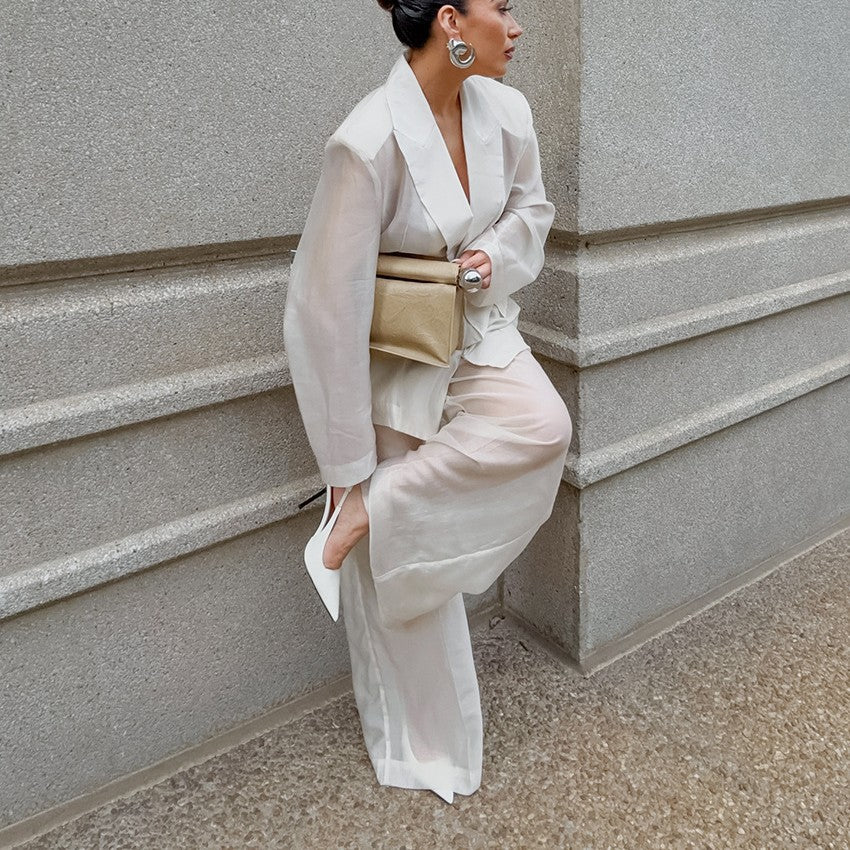 Women's Suit Set High-Grade  Rayon Thin Micro-Transparent Minimalist Temperament Blazer and Long Pants Two-Piece Set