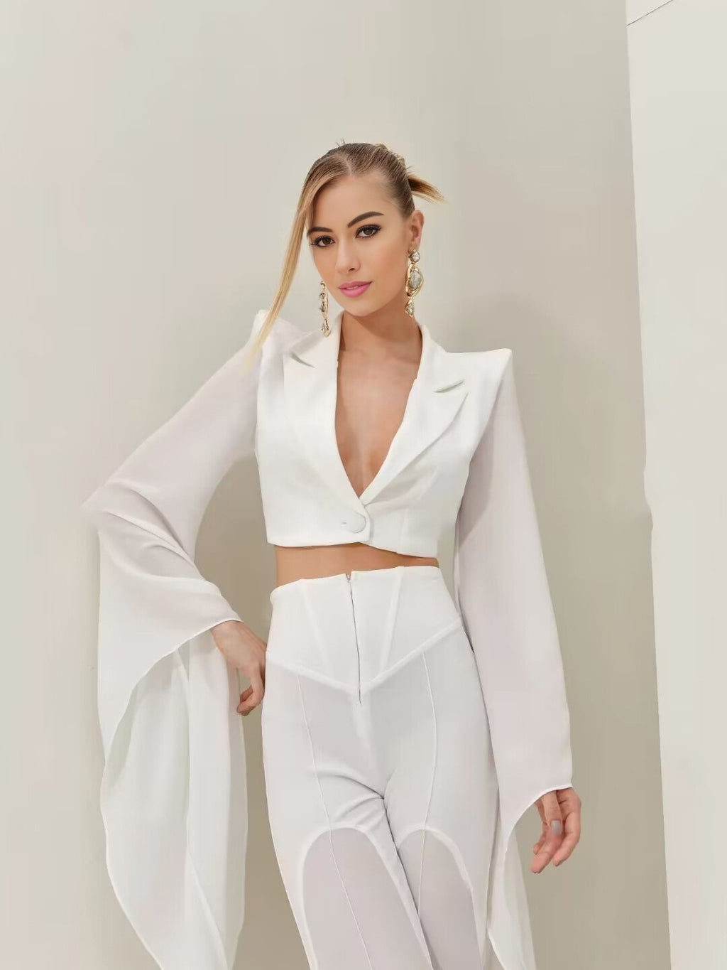 Summer New Solid Color Loudspeaker Perspective Patchwork Suit Pants Set Blazer + trousers Two Piece Set for Women