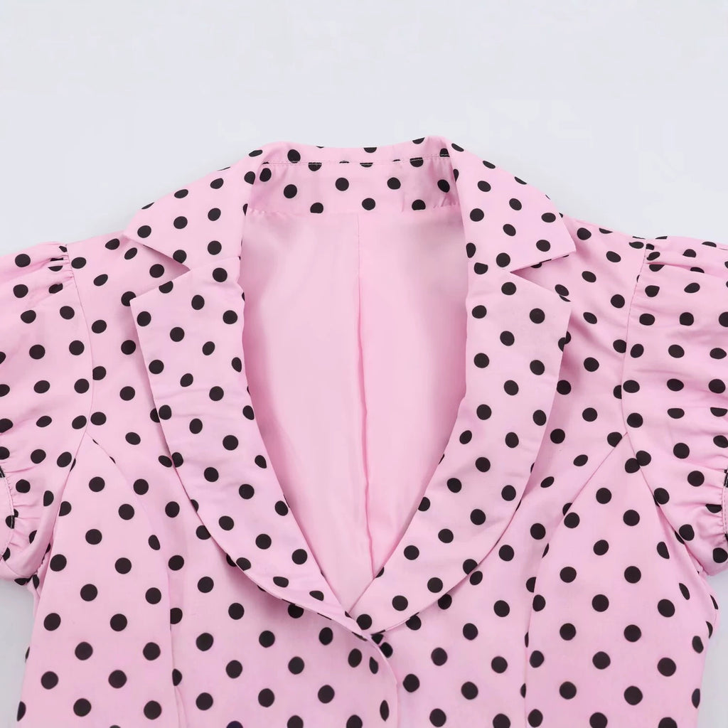 Chemisier femme rose à pois – Manches 3/4 et col revers