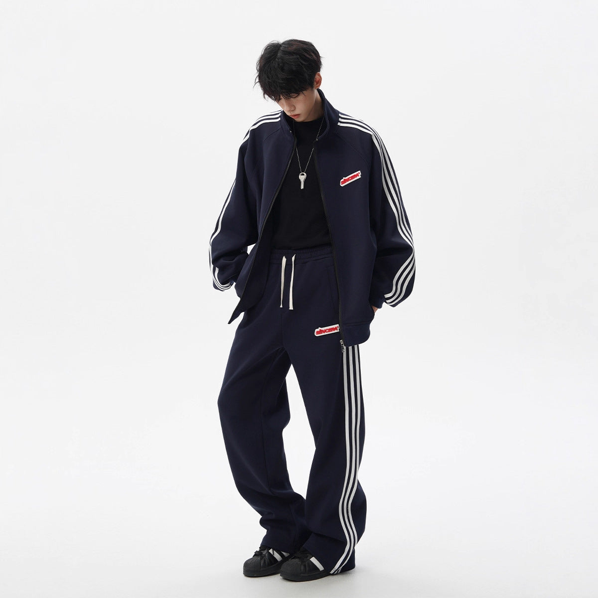 Stripe Sports Suit for Men and WomenWinter College Style Loose Casual Hoodie and Sweatpants Couple Two-piece Set
