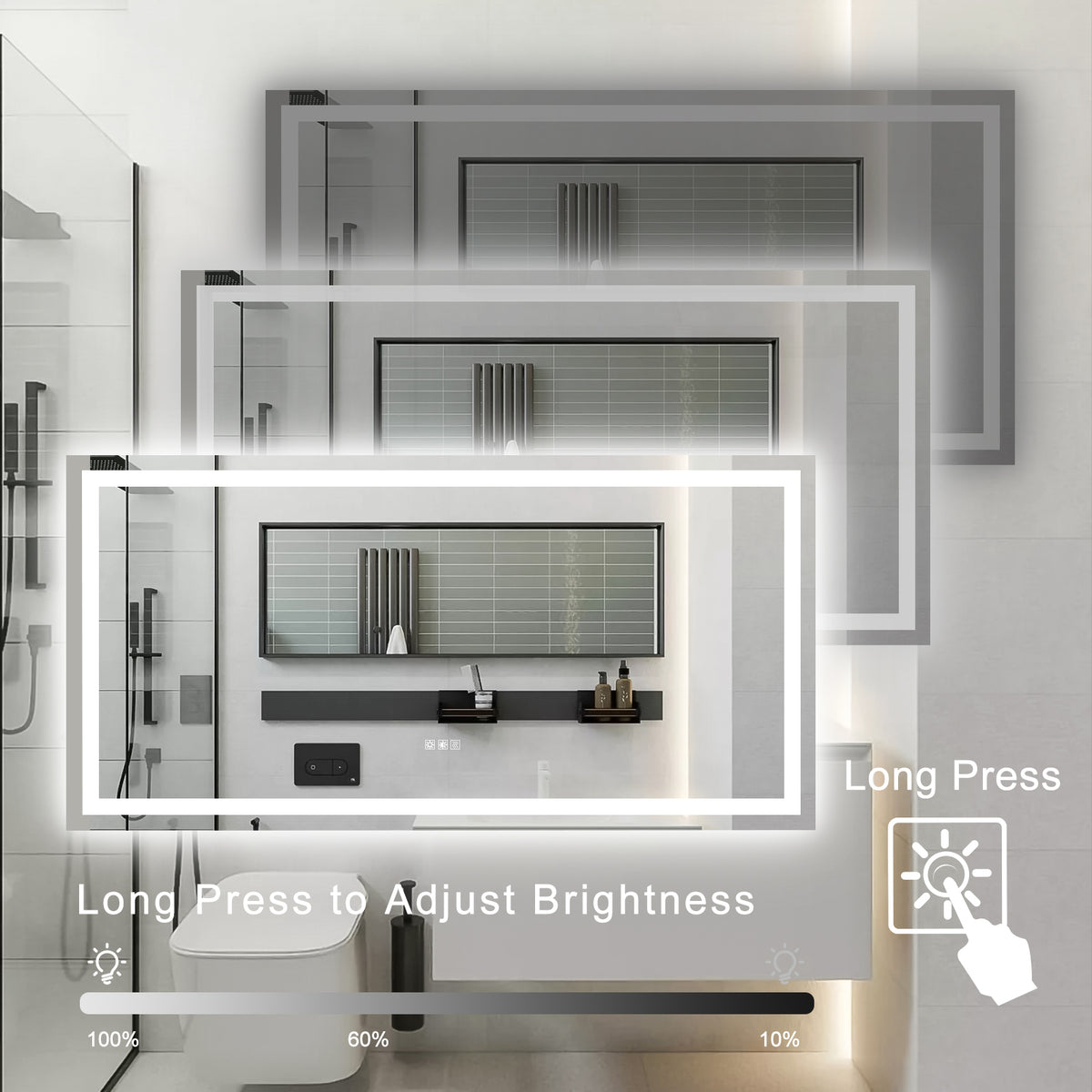 Grand miroir LED de salle de bain 72 × 36 pouces – Anti-buée et intensité réglable