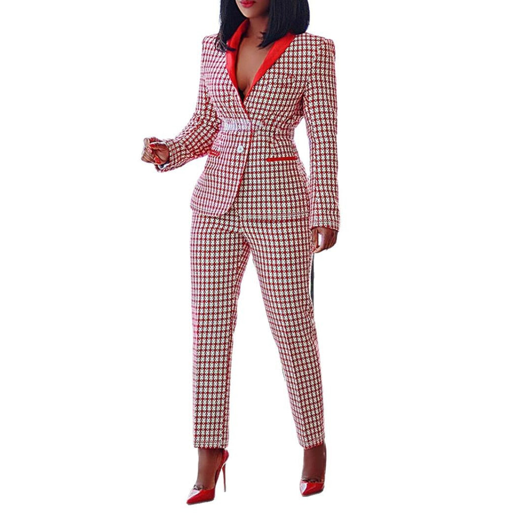 Chic Women's Plaid Office Suit Set Long Sleeve Blazer + Pants Two-Piece Set