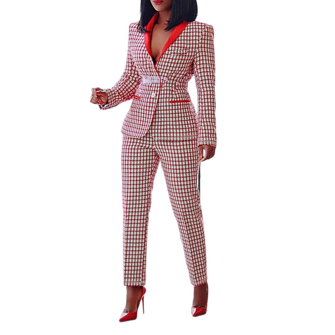 Chic Women's Plaid Office Suit Set Long Sleeve Blazer + Pants Two-Piece Set