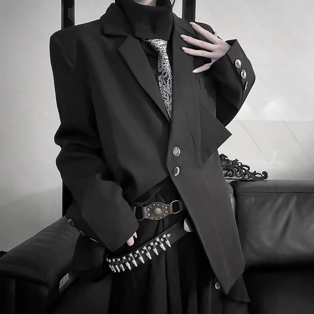 Vintage Retro Audrey Hepburn Style Dark Black Mini-Triangle Suit Jacket, Unisex Gender-Neutral Streetwear, Loose Casual Blazer for Men and Women