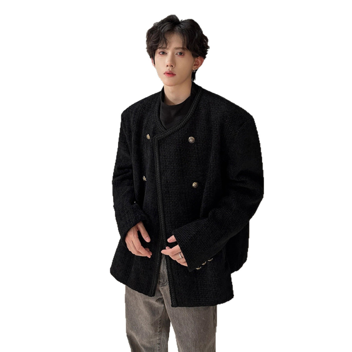 Chic Wool Blazer Men Double Breasted Casual Loose Jacket