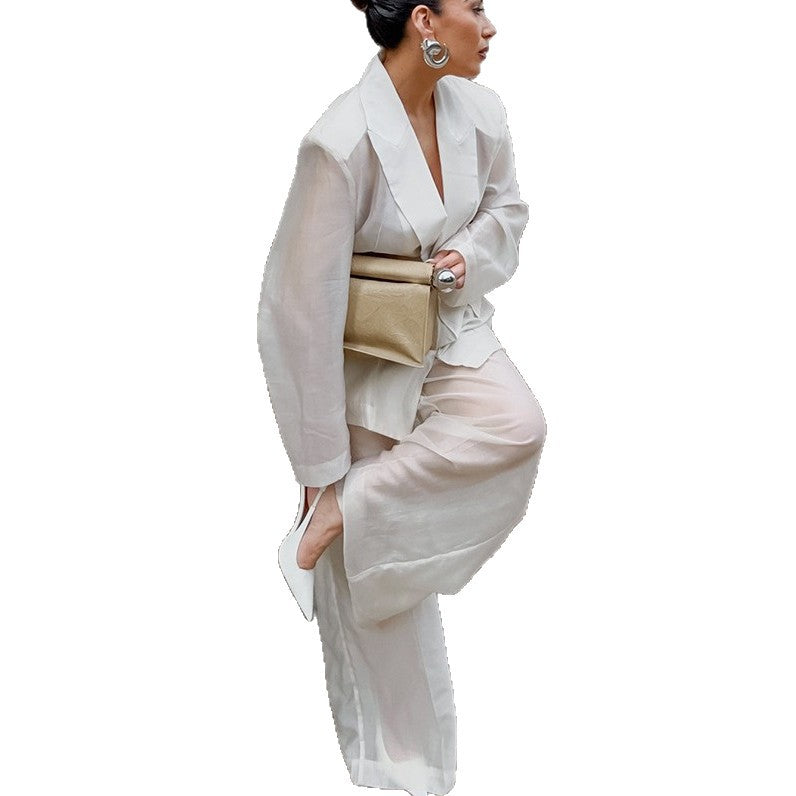 Women's Suit Set High-Grade  Rayon Thin Micro-Transparent Minimalist Temperament Blazer and Long Pants Two-Piece Set