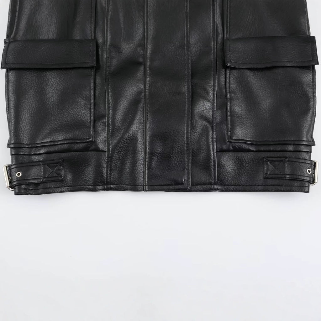 Veste femme effet cuir zippée à col montant – Noir