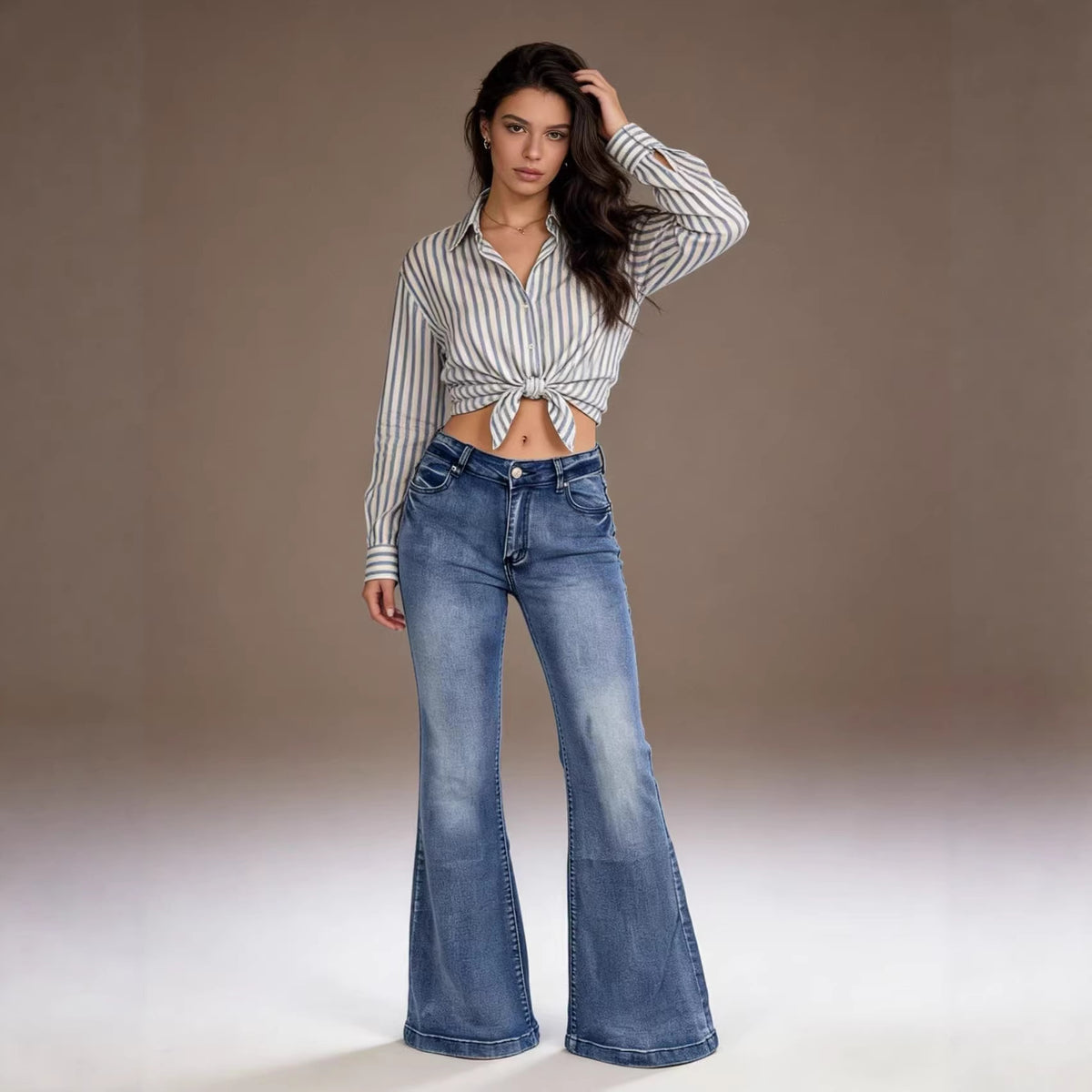 Retro Slim Fit Stretch Flared Jeans Pants for Women Long Pants