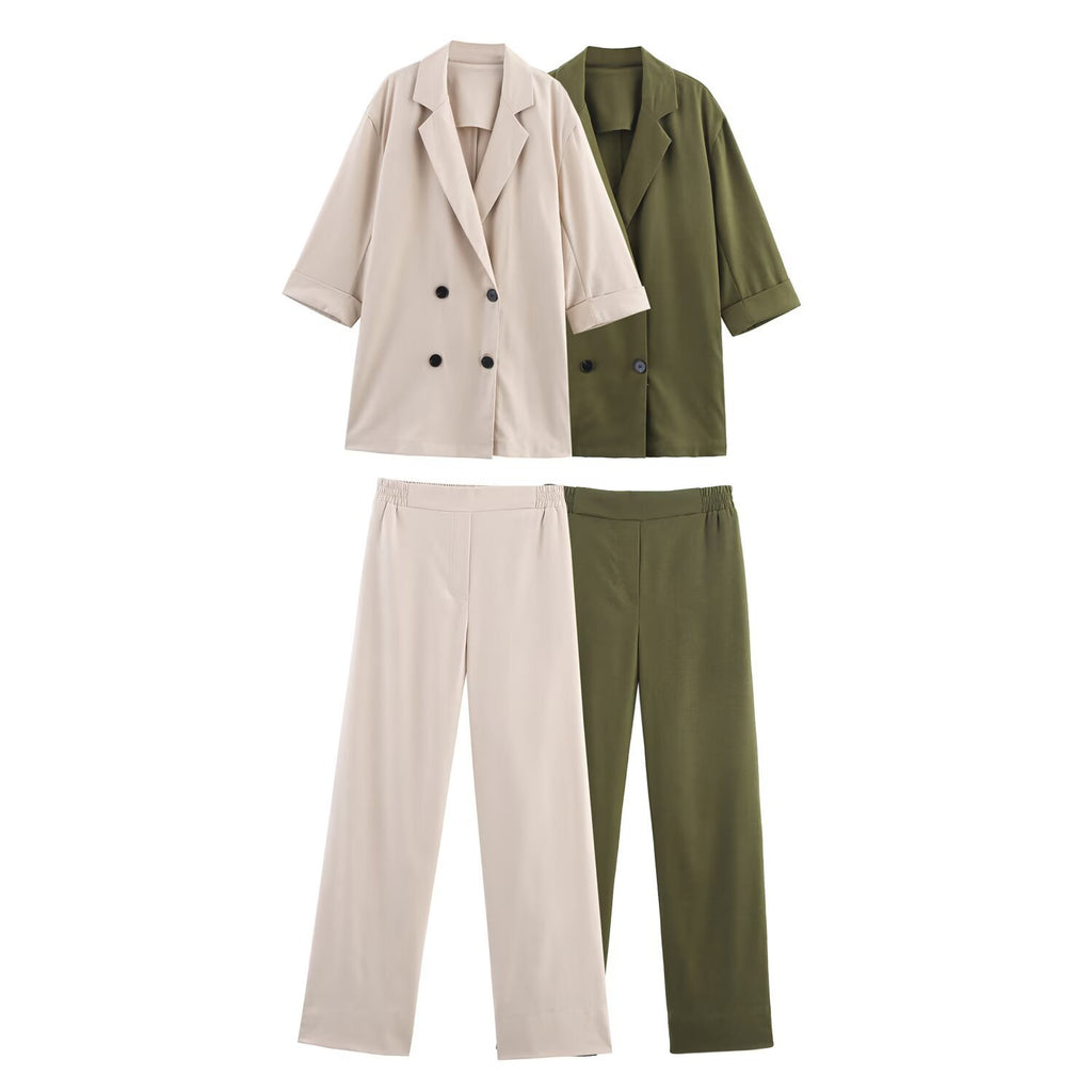 Style Blazer Top and Wide-Leg Pants Casual Suit Set