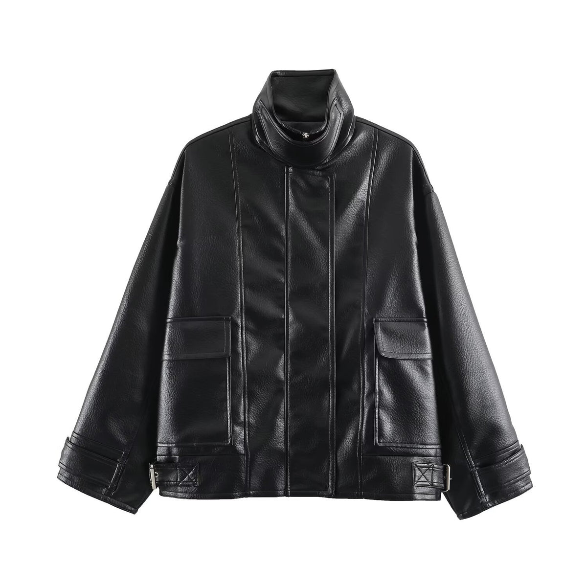 Veste femme effet cuir zippée à col montant – Noir